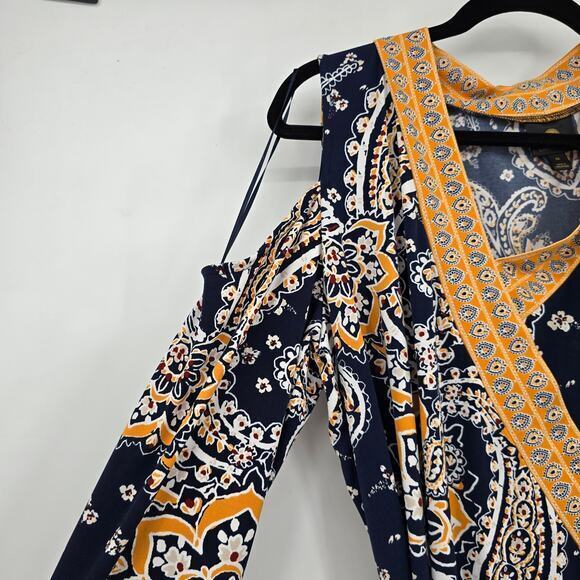 JM Collection Women's Plus Floral V Neck Waist Tie Detail‎ Blouse Blue Yellow 2X - Picture 8 of 12